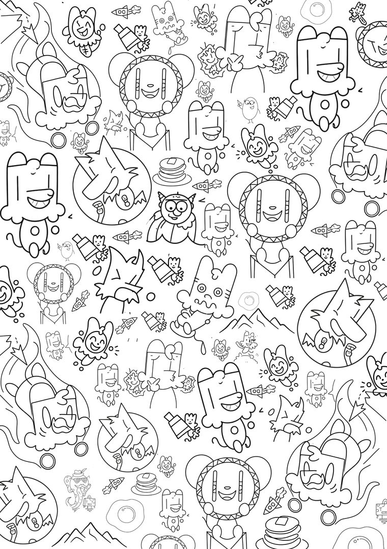 Black-and-white colouring sheet full of Matilda Bear characters